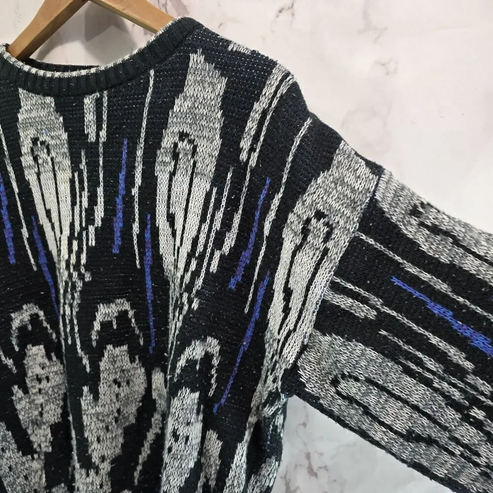 Vintage Sweater Mens XL Black Gray Blue Acrylic 80s 90s Raglan Ikat Abstract